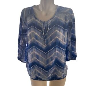 Adrienne Vittadini Blue White Tie Dye Print V Neck Long Sleeve Blouse Top S